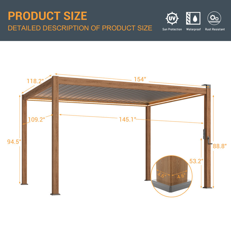 Patio Louvered Aluminum Pergola with Solar LED, Wood Texture, 10 Ft. x 13 Ft.	