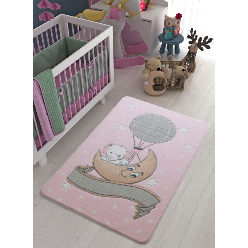 Tapis rectangulaire en polyester tissé à la machine rose / gris Guernon, Rectangle 4 pi 4 po x 6 pi 3 po