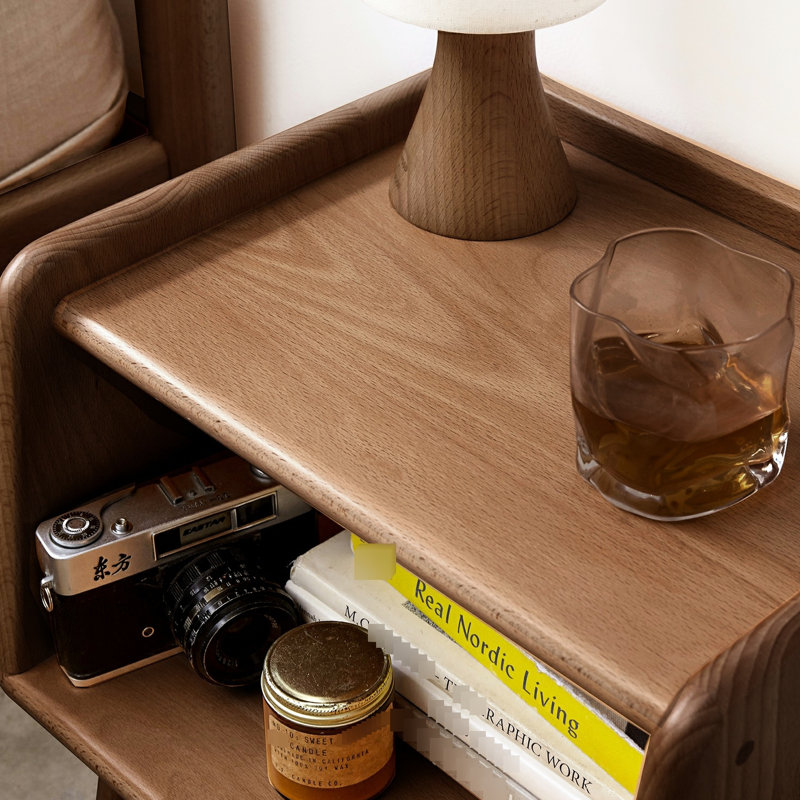Solid Wood Bedside Cabinet, Simple Nightstand, Brown Beech, Open Compartments, Rounded Edges European Beech Storage Unit, Compact Round Night Table, Low Odor, Quick Setup