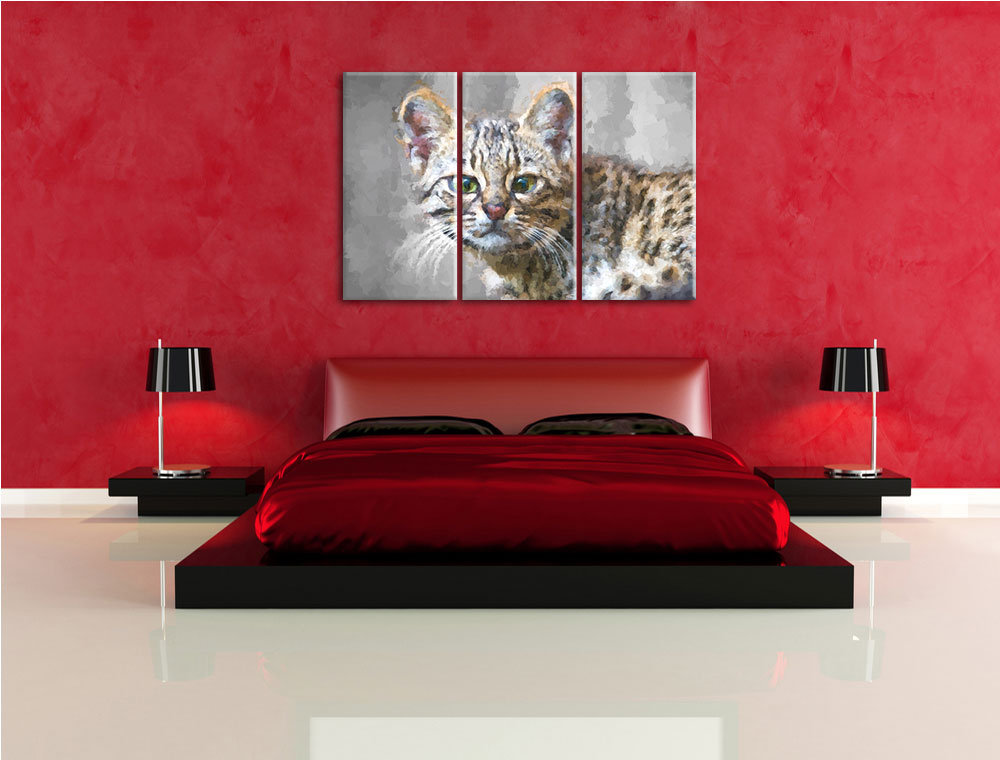 3-tlg. Leinwandbilder-Set „Kleine aufmerksame Bengalkatze“, Kunstdruck