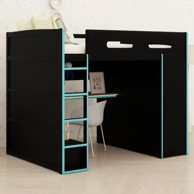 Lit mezzanine fonctionnel en bois avec bureau intégré, armoire et éclairage RVB