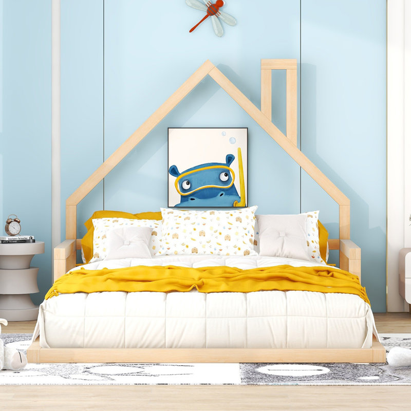 Wood Floor Bed With House-Shaped Headboard, Natural, Full
