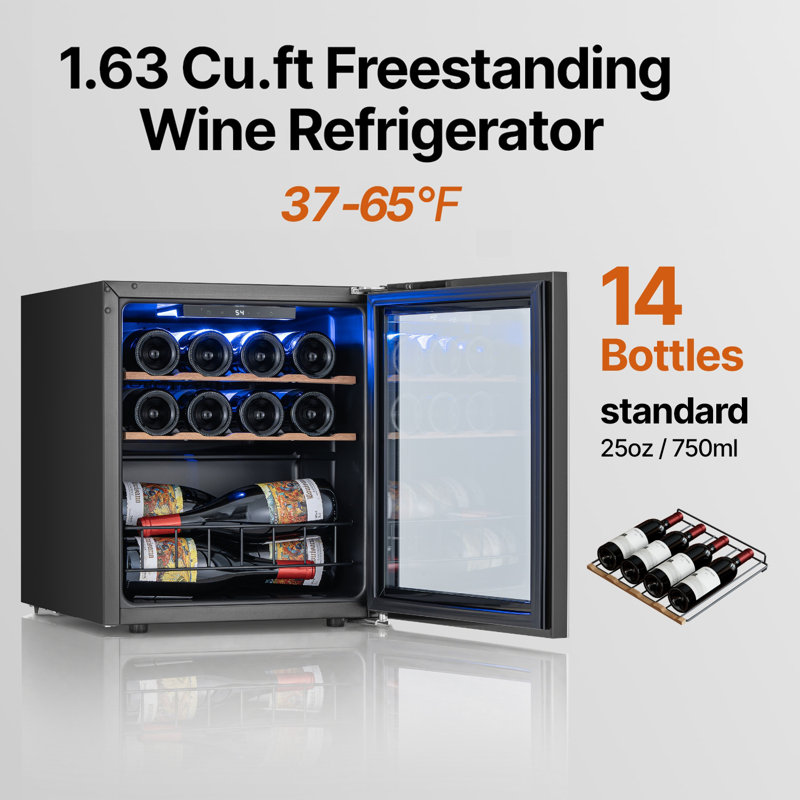 Ca'lefort 14 Bottle Wine Fridge with Reversible Door, Adjustable Shelves, 37–65°F Precise Temperature Control Wine Cooler, Compressor Cooling System, 3-Color LED Lighting, 2-layer Glass Door Wine Refrigerator, Perfect for Kitchen, Dining Room, Home Bar