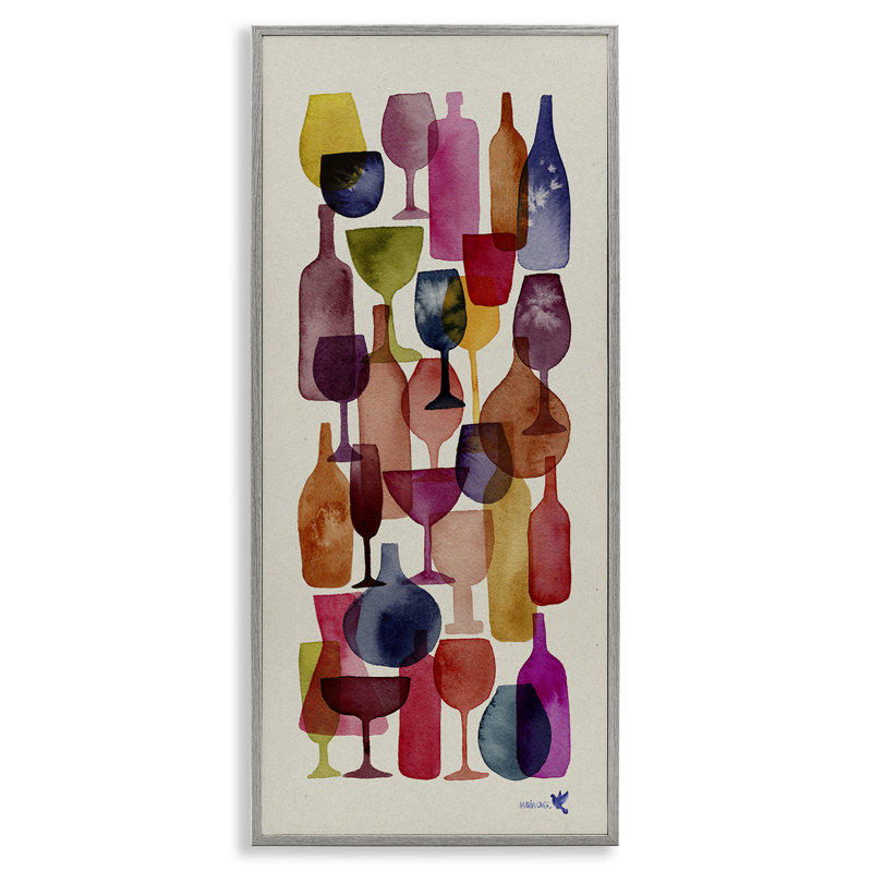 "Layered Wine Glasses", peinture encadrée sur bois par Maria Over, impression, L 30 po x H 13 po, Estampe numérique Farmhouse