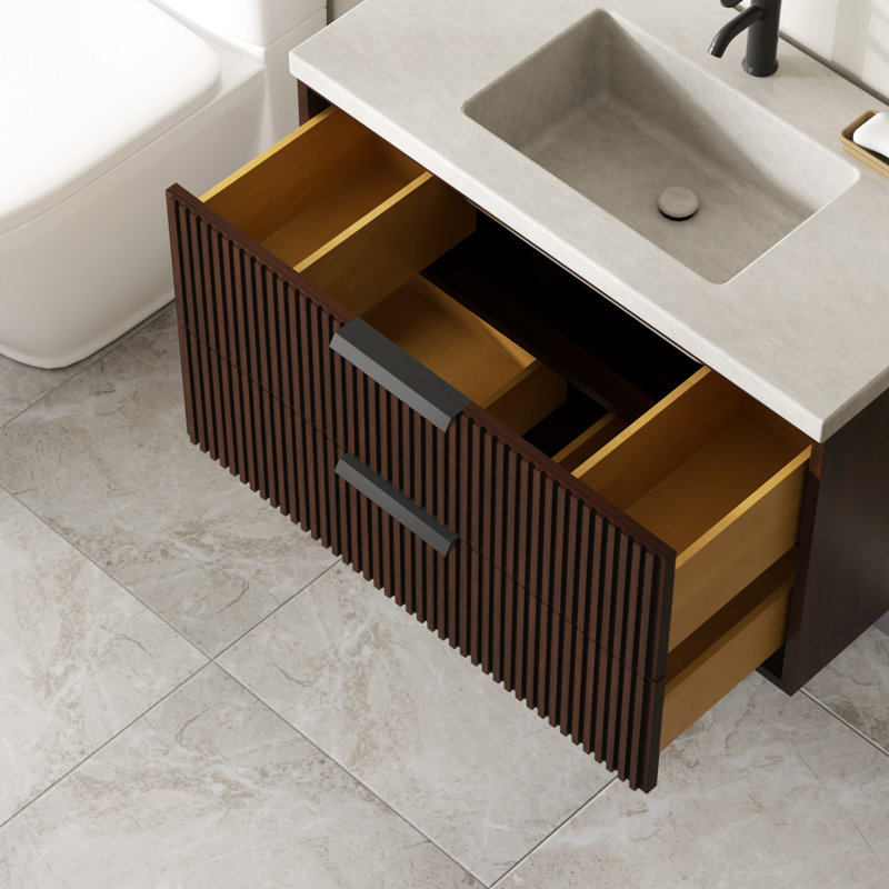 Maxbano 36" Floating Bathroom Vanity with Cement Single Sink, Dark Walnut, Black