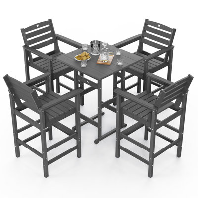 5-Piece Bar Height Outdoor Table and Chairs Set HDPE Wood Grain Patio Bar Table and Chairs with Heart Cutout Design by Lark Manor