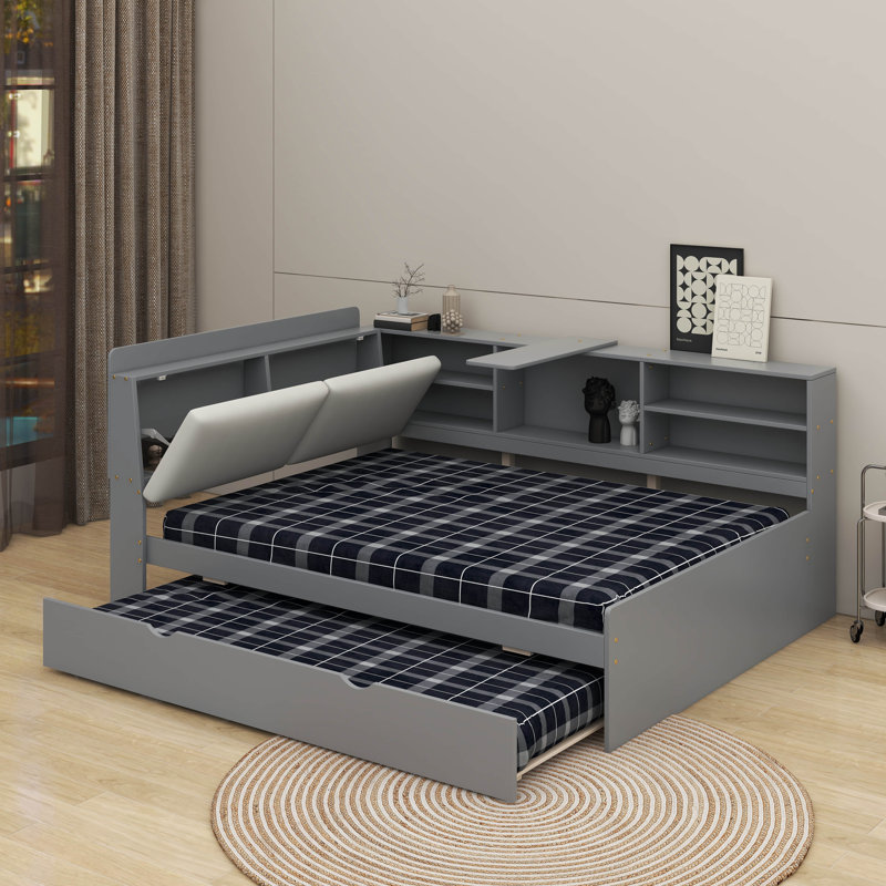 Lit plateforme double avec lit gigogne, tablettes et tête de lit, Gris