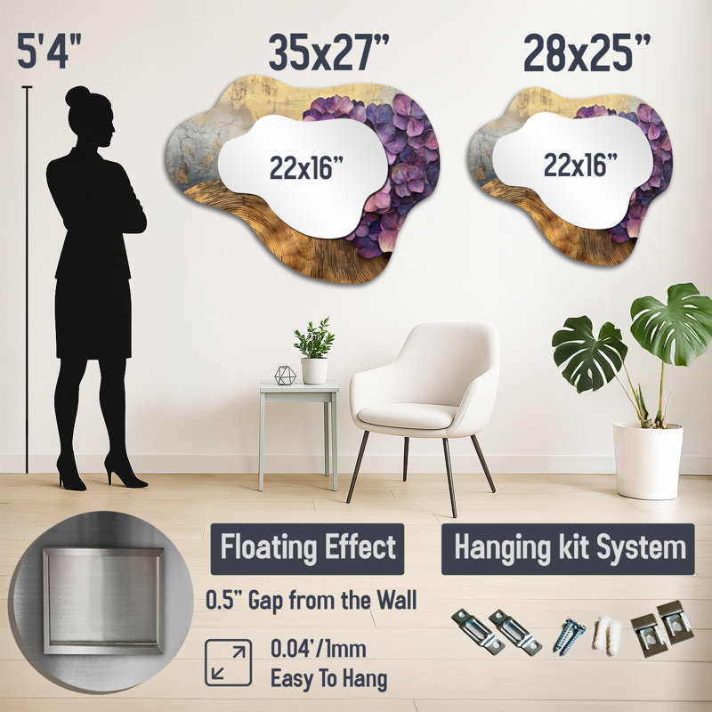 Lavender Hydrangea Flowers On Wooden Slide - Hydrangea Cloud Decorative Wall Mirror, Traditional Vanity Mirror, Printed on Metal