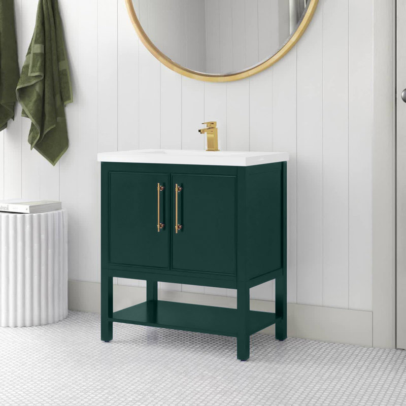 Jewell 30'' Single Bathroom Vanity with Ceramic Top, Forest Green/Antique Brass