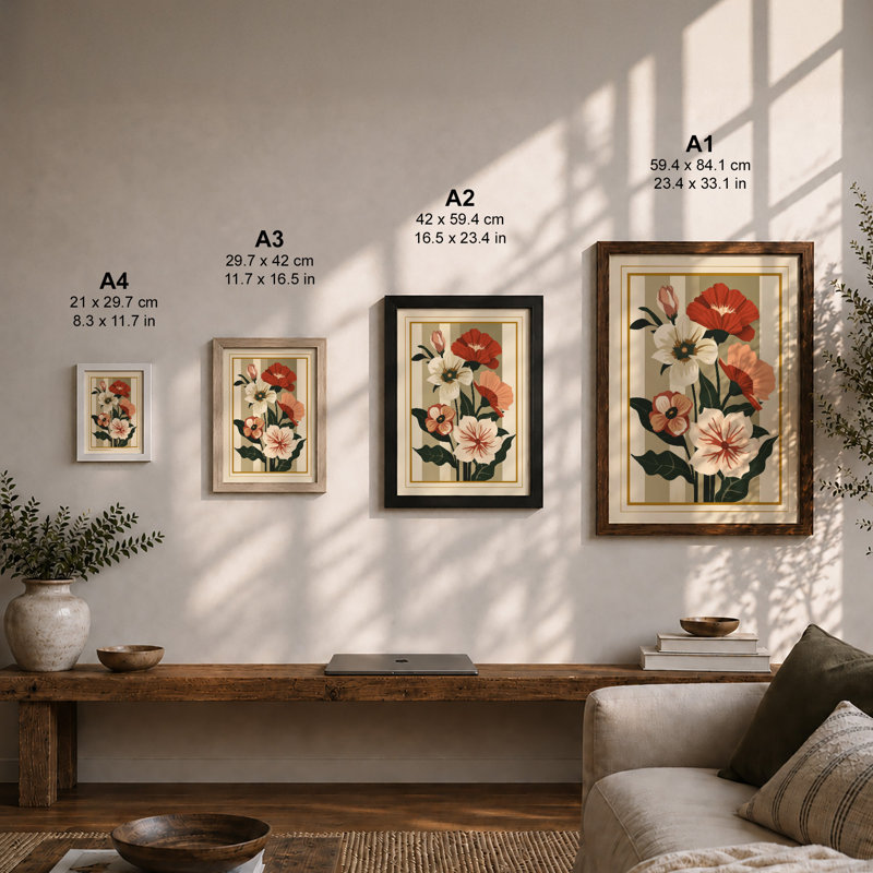 Five Flowering Stems Botanical - Framed Print, A4 - 29.7 x 21.0 cm, Unframed