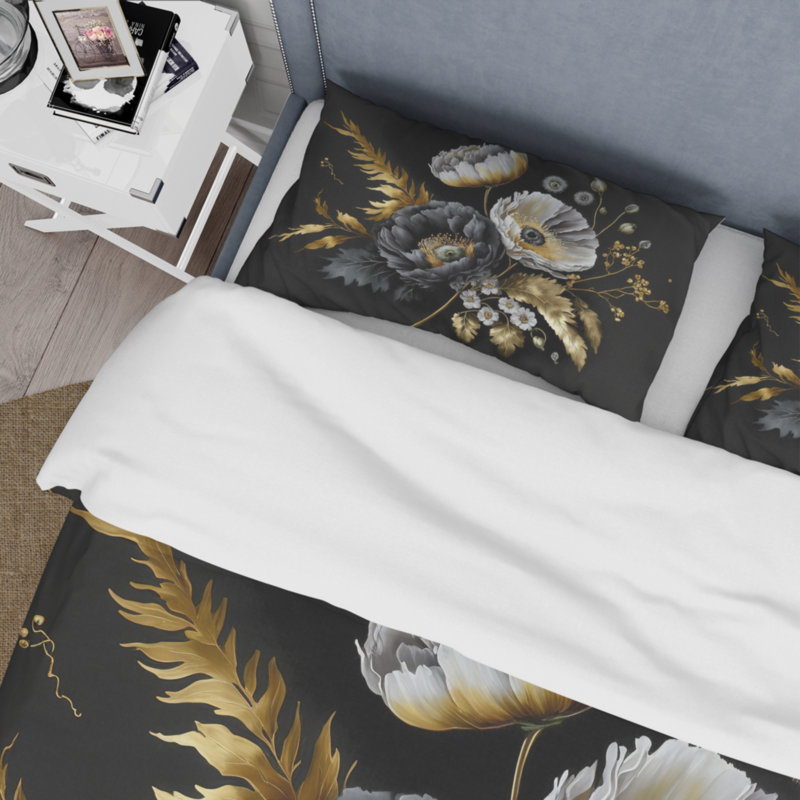 Golden Gothic Floral Bouquet II - Ensemble de housse de couette floral - Polyester microfibre