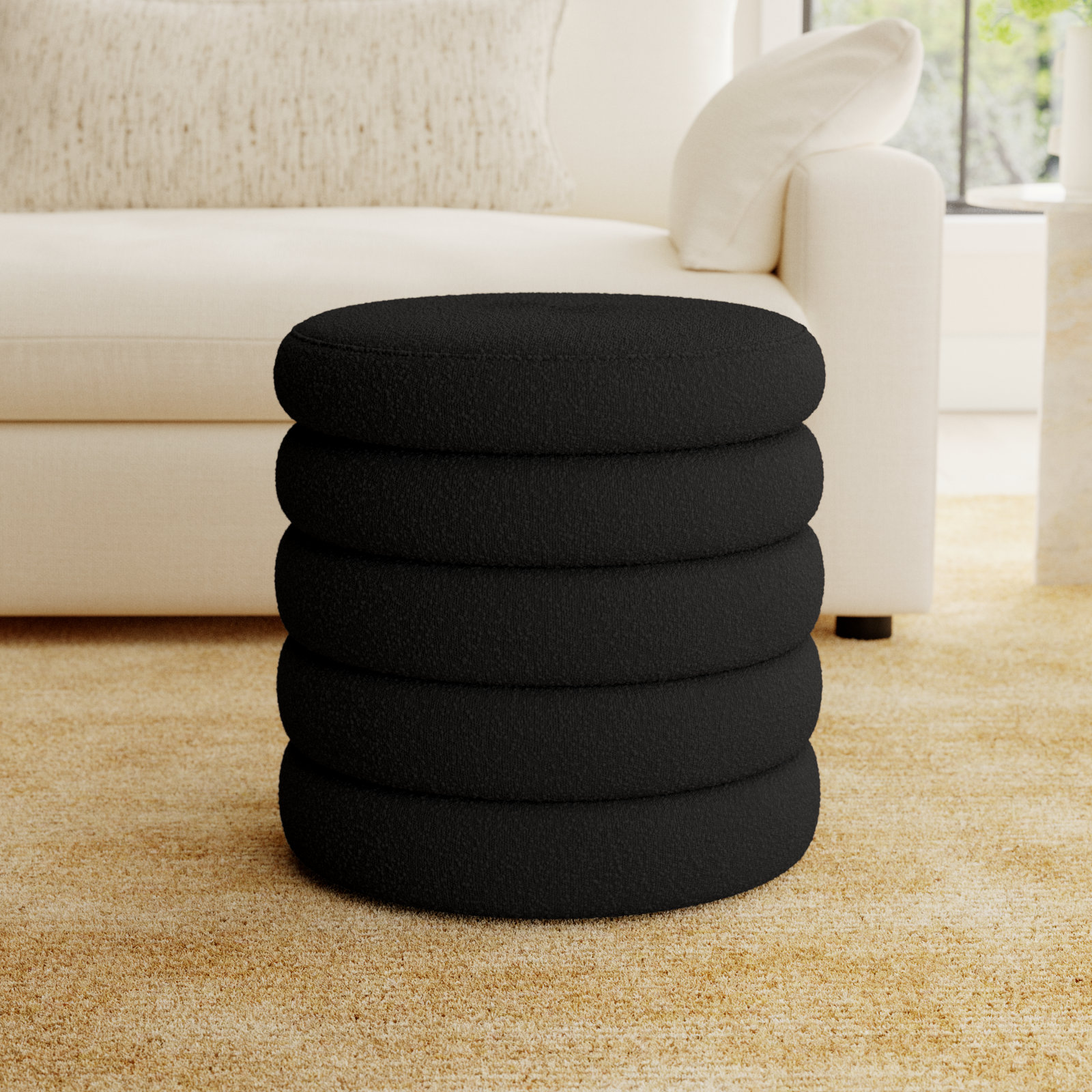 Helene Upholstered Storage Ottoman, Black Boucle