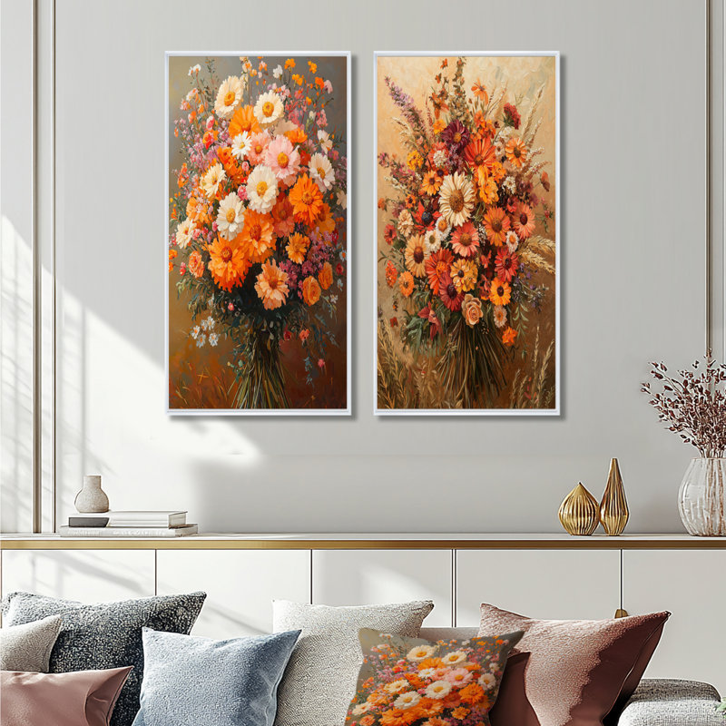 Assortiment de bouquets d'automne symphonie brune I - décoration murale florale 2 panneaux, H 40 po x l 41 po
