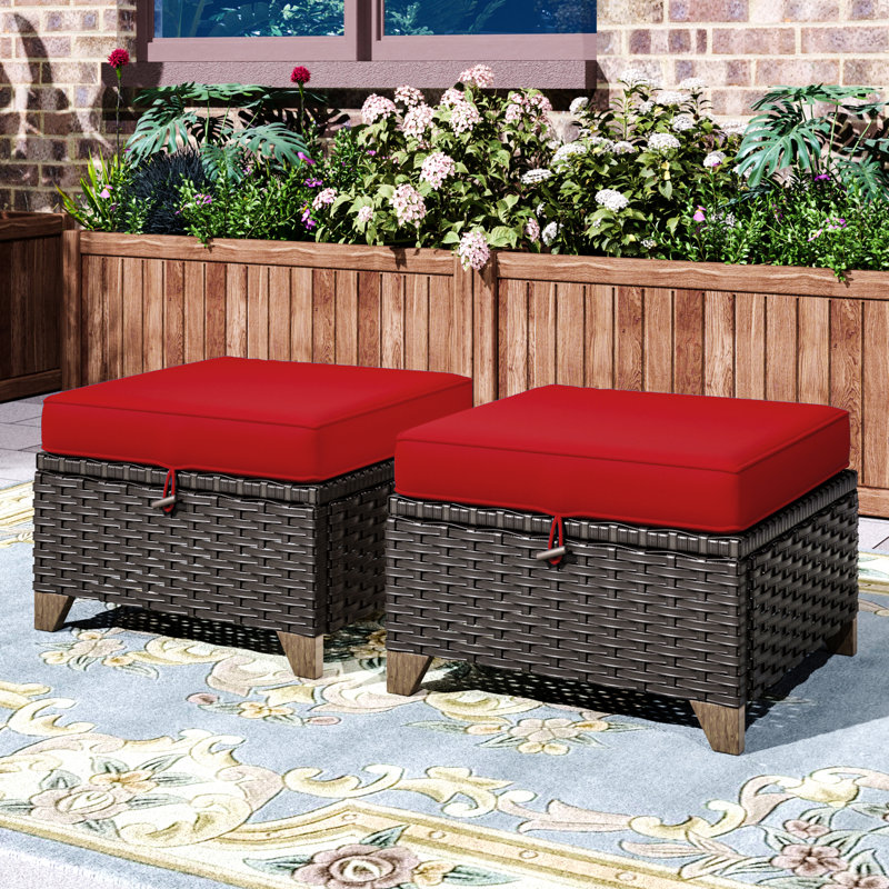 Repose-pieds d'extérieur en osier avec coussins rouges de 4 po (ensemble de 2), Rouge