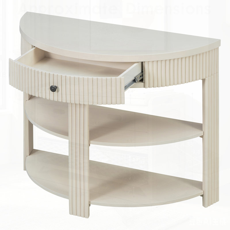 Console cannelée demi-lune avec tiroir et 2 tablettes pour le hall d'entrée, le salon et le couloir, Crème, Crème, Crème