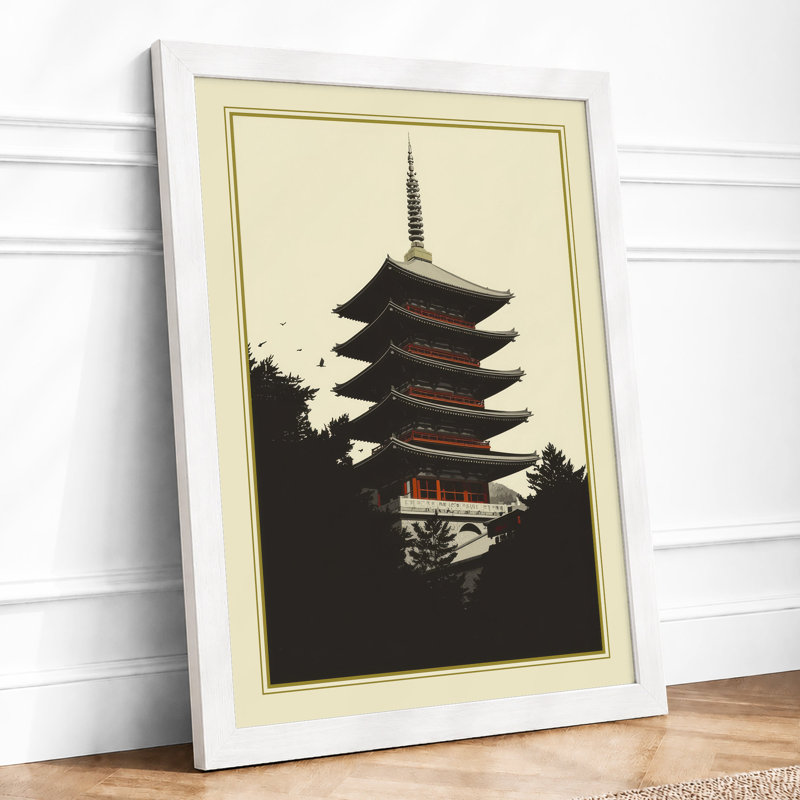 Pagoda in Silhouette Japandi - Framed Print, A3 - 42.0 x 29.7 cm, White