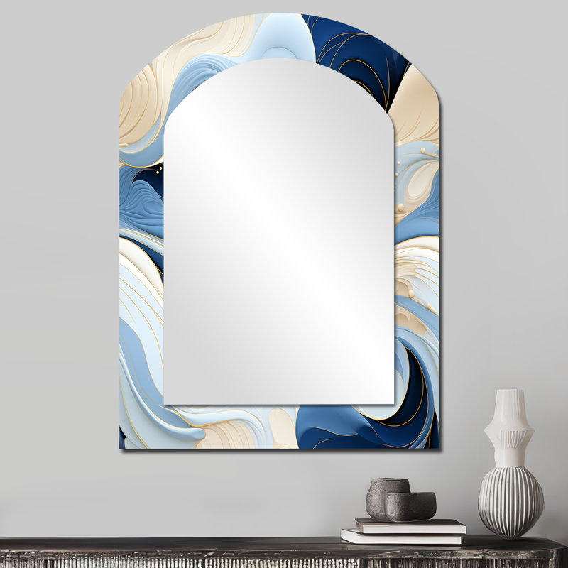 Coastal Minimalism Boho Pattern - Abstract Asymmetrical Mirror, Blue Arch Decorative Wall Mirror, Printed Metal Art