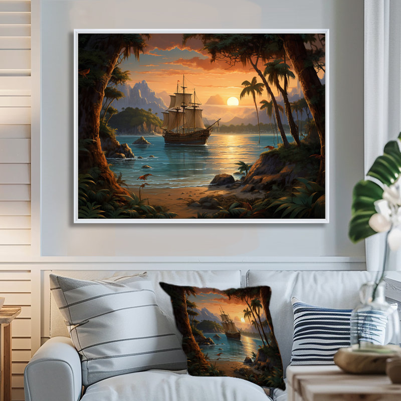 Pirate Boat Lost Isles - Pirate, reproduction d'art sur toile encadrée, H 12 po x l 20 po x P 1 po, Cadre flottant blanc