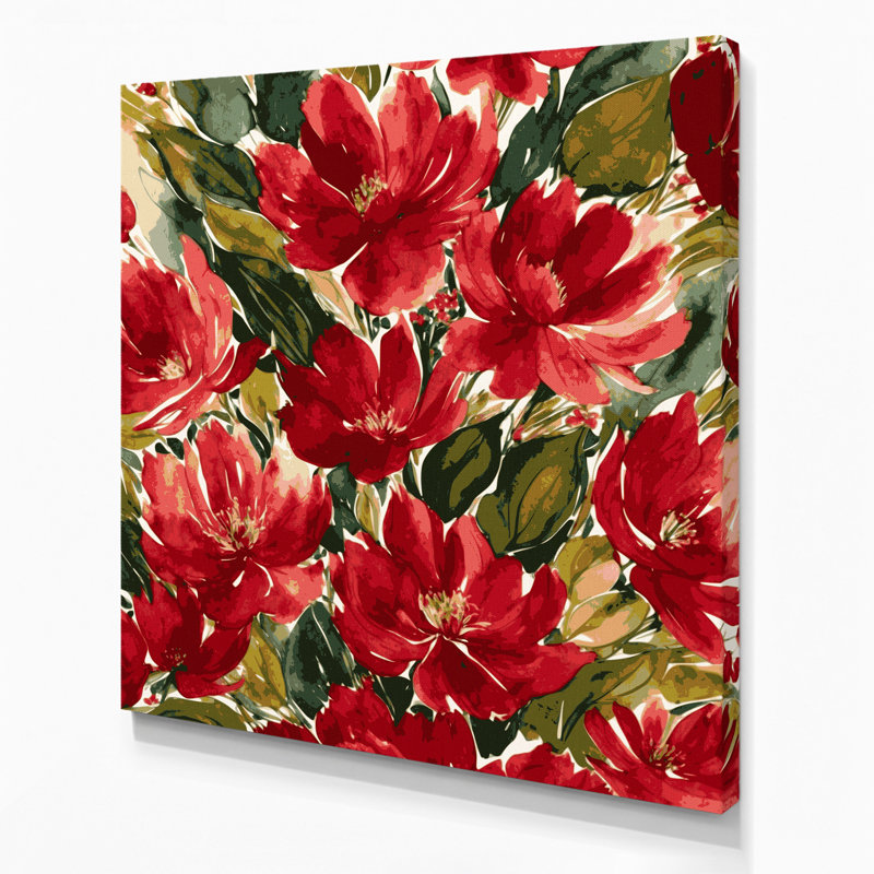 Aquarelle, art floral sur toile rouge, H 16 po x l 16 po