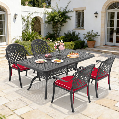 Ensemble de salle à manger 5 pièces en aluminium coulé pour patio, table d'extérieur rectangulaire pour 2 personnes et coussins rouges