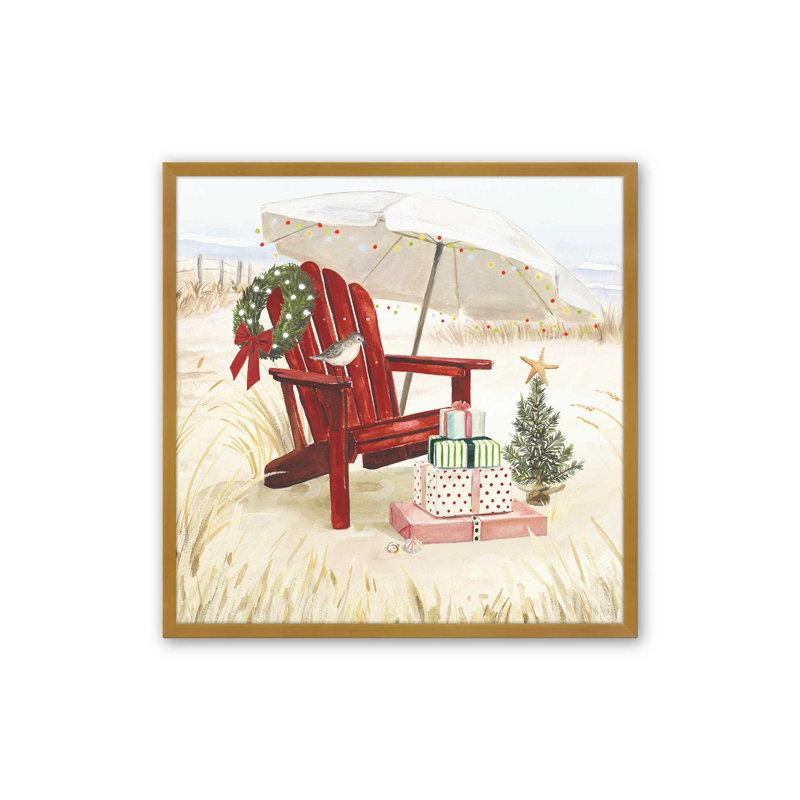 Imprimé de détente des fêtes côtières, H 13,75 po x l 13,75 po, Cadre simple en or poli, bois massif