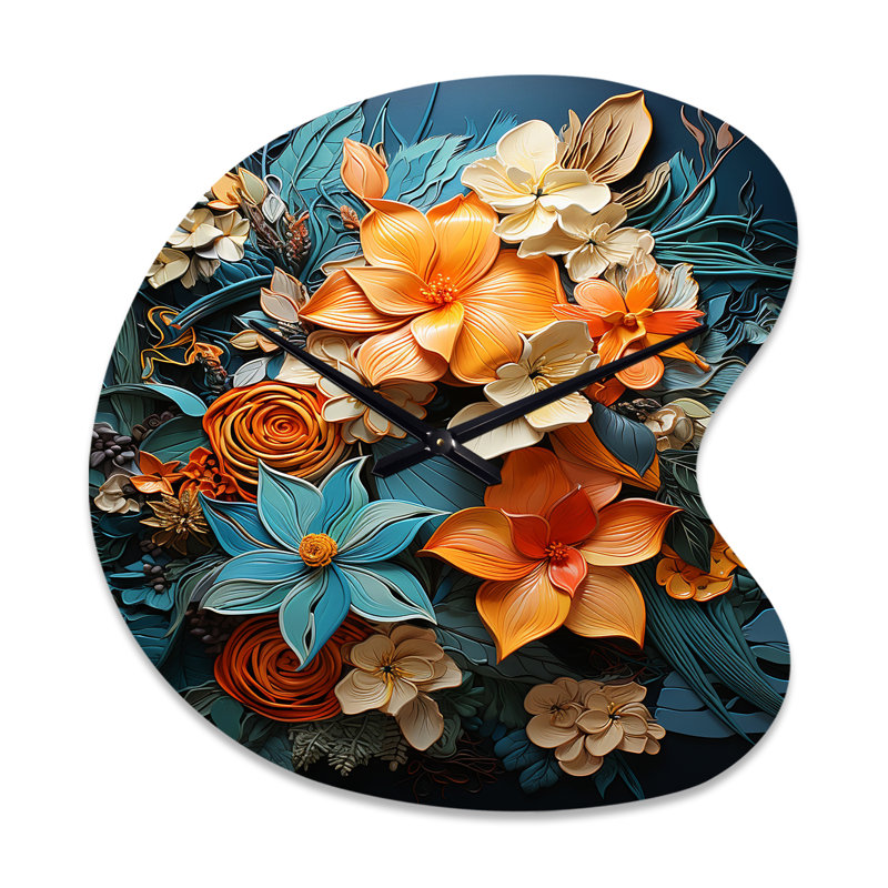 Horloge murale orange en forme de tropical tropical III - collages abstraits en forme de métal, horloge murale asymétrique moderne