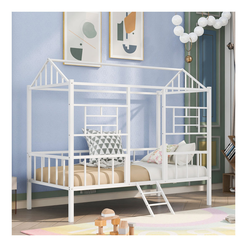 Structure de lit en métal pour lit simple avec support à lattes sans sommier blanc