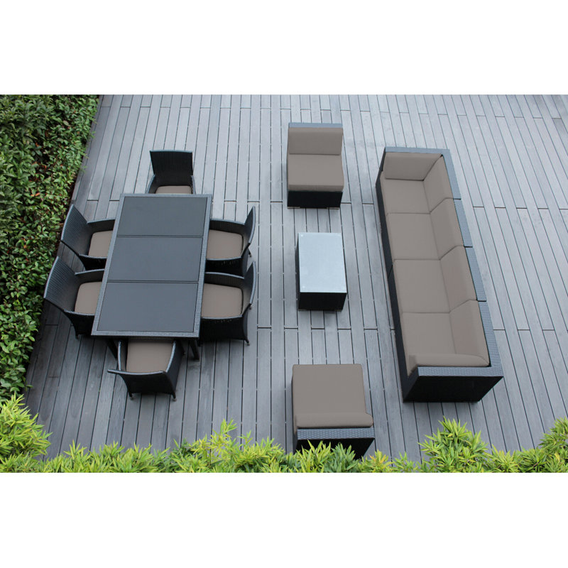 Ensemble de patio complet en rotin avec coussins 14 pièces Pavior, Noir, Toile Sunbrella® taupe