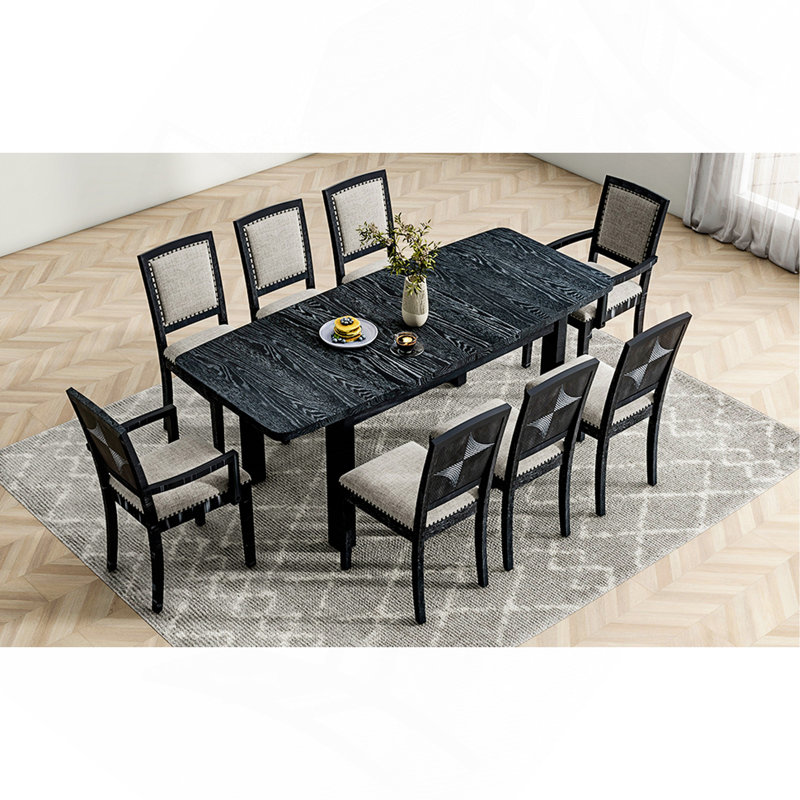 Ensemble de salle à manger 9 pièces rustique, extensible, en bois noir, rembourré, meubles de salle à manger