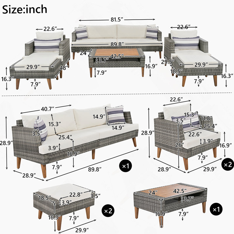 6-Pieces All Weather PE Wicker Sofa Set, Outdoor Rattan Sofa With Double Cushions, Wood Legs Wood Table Top, Beige And Gray
