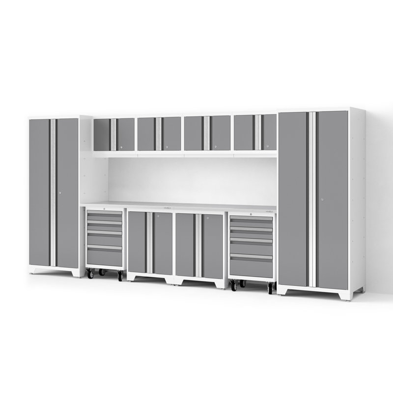 Bold XL Series Platinum 12 Piece Garage Cabinets Set With Tool, Base, Wall Cabinets, Stainless Steel Worktop And 30 In. Lockers