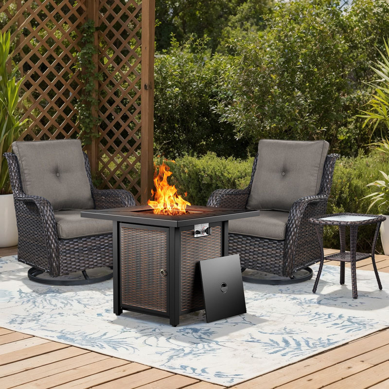 Wendye 4-Piece Outdoor Fire Pit Set With 2 Swivel Chairs & Side Table For Patio, Deck, Garden, Gray