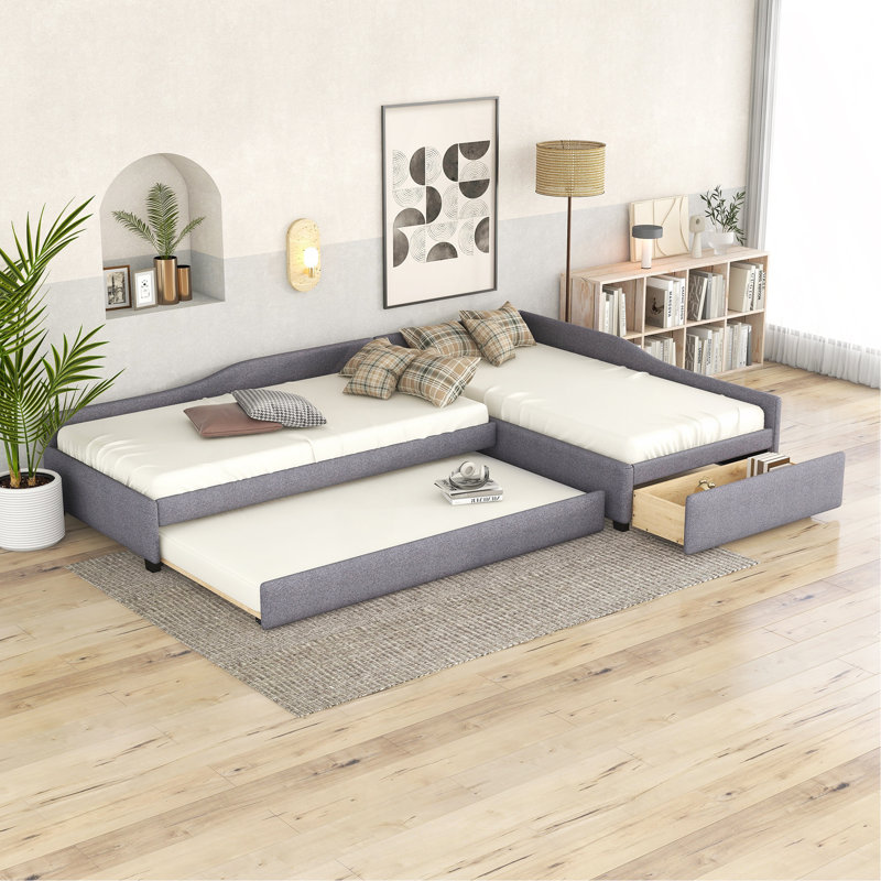 Upholstered Double Twin Size Daybed With Trundle And Drawer