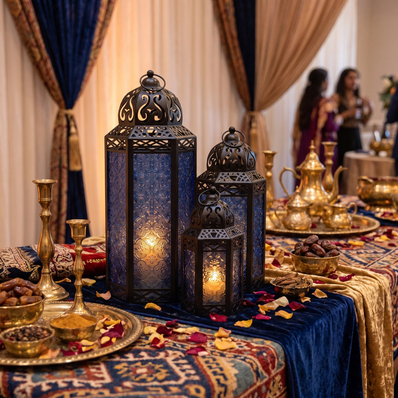 Moroccan Candle Lantern Decorative Set for Floor, Ramadan Decorations, Indoor Home Decor, Outdoor Patio or Porch, Weddings