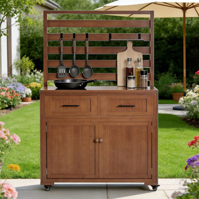 Solid Wood 64.9''Tall Outdoor Kitchen Island Kitchen Cart, Garden Potting Bench With Stainless Table Top For BBQ