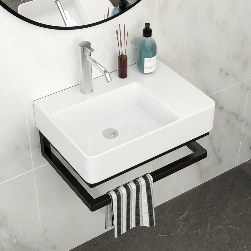 Lavabo de salle de bain rectangulaire en céramique blanche 23,55 "x 16,5" avec corrosion - barre à serviettes noire, trou de robinet mural pratique et surface lisse pour un nettoyage facile