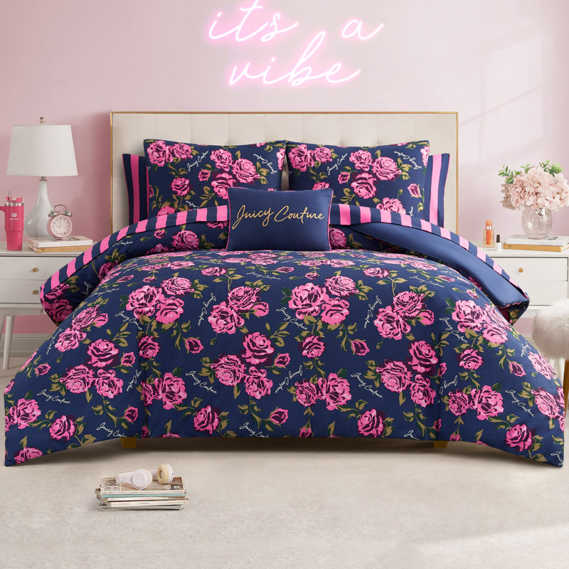 Juicy Couture Rose Logo Comforter Set Bed in a Bag, Queen Comforter + 7 Additional Pieces