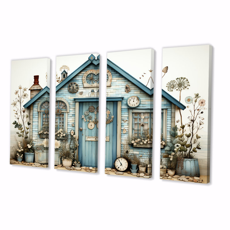 «Blue Beach House Collage Tranquility - Landscape Cottage», art mural 4 pièces, H 32 po x l 64 po