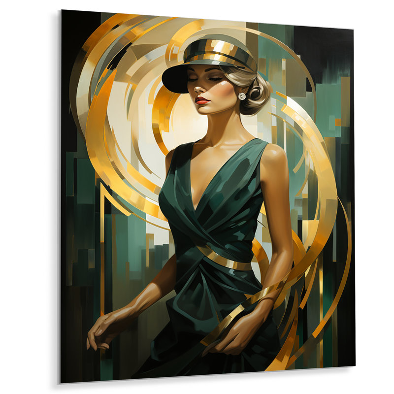 Émeraude élégance de femme dans un superbe vert et or III - mode, art en métal, H 40 po x l 30 po