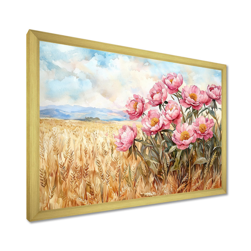 Inde pivoines dans le champ de blé I - pivoines, art mural, H 34 po x l 44 po, Reproduction encadrée, Doré