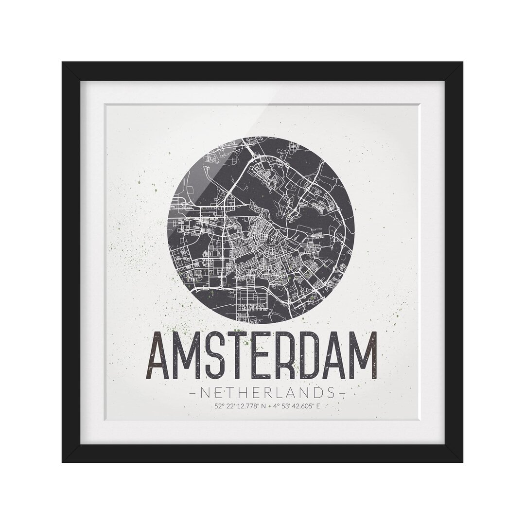 Gerahmtes Papierbild Stadtplan Amsterdam - Retro