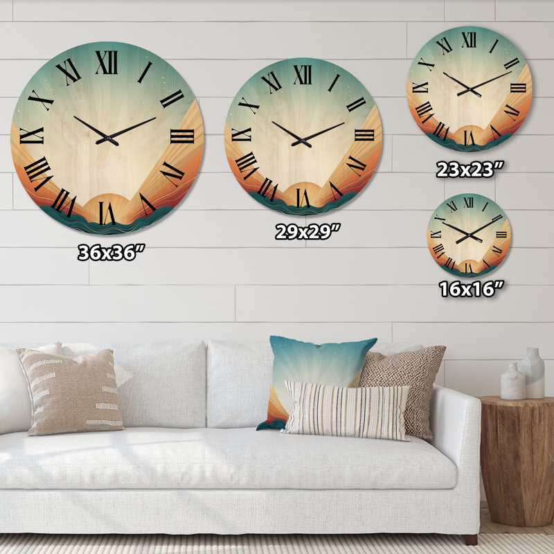 Horloge murale Bold Graphic Sunsetin - bleu sarcelle et orange, Grand