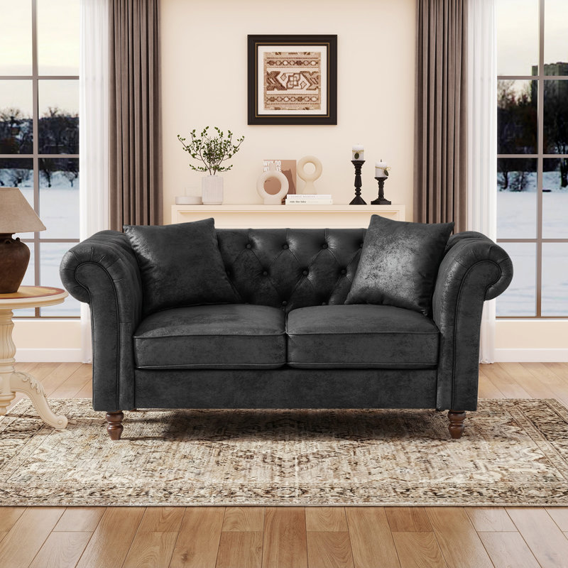 66" Chesterfield Sofa Upholstered Loveseat Couch With Throw Pillows For Living Room, Bedroom, Or Office, Black