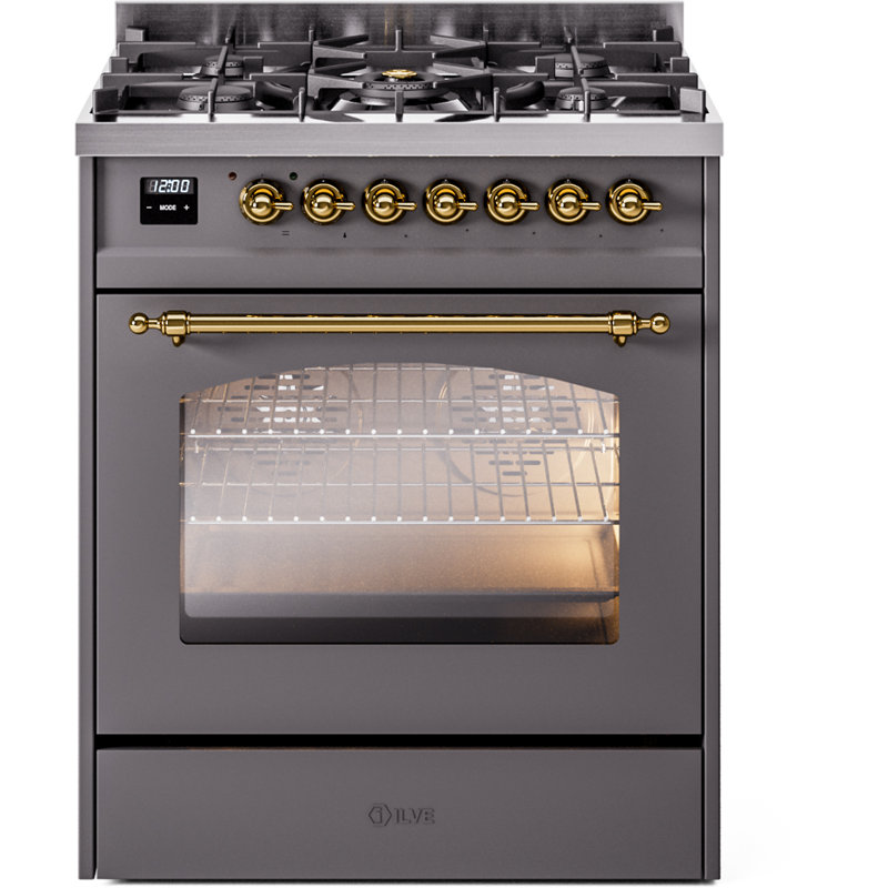 ILVE Nostalgie II 30 in Dual Fuel Range, Graphite Matte/Brass, Liquid Propane