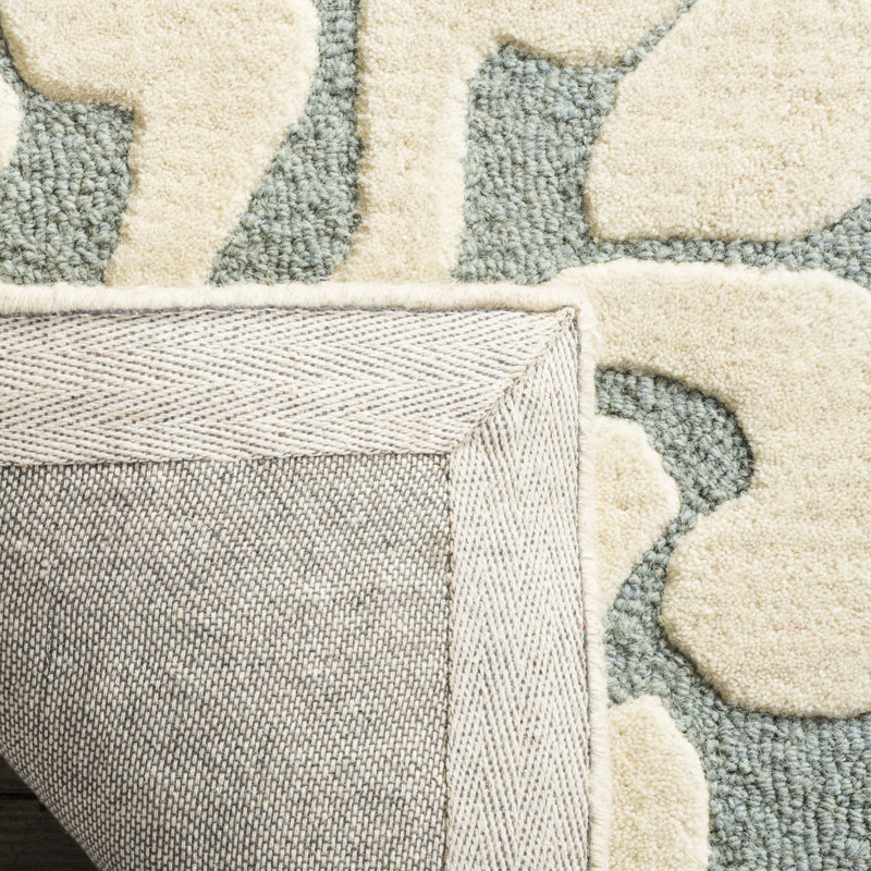 Tapis vert / beige en laine touffeté à la main Floret, Rond 4 pi