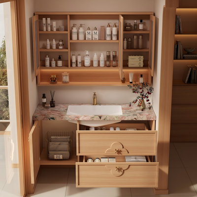 Meuble-lavabo mural en bois d'hévéa massif avec comptoir en pierre frittée, lavabo en céramique et armoire à miroir Smart