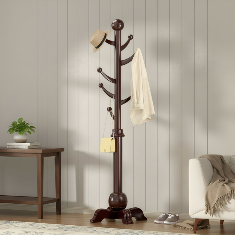 Black Floor-Standing Wooden Coat Rack, 7 Hooks + Spherical Base, 210 Lbs Weight Capacity, Suitable For Entryway/Hallway/Bedroom.