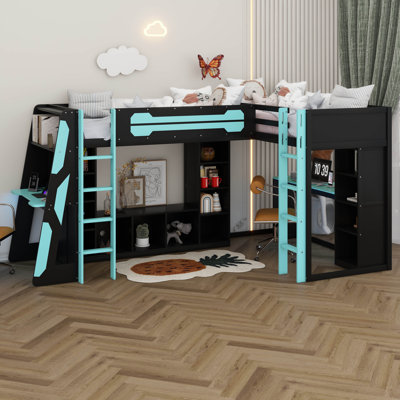 Structure de lit de jeu en L pour lit simple en bois avec lumières DEL RVB, ports USB, meuble télé, disposition réversible