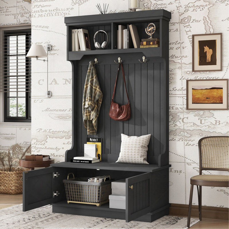 Hall Tree With Storage Shoe Bench For Entryway And Hallway, 4-In-1 Design Coat Racks With Hooks For Living Room, Black