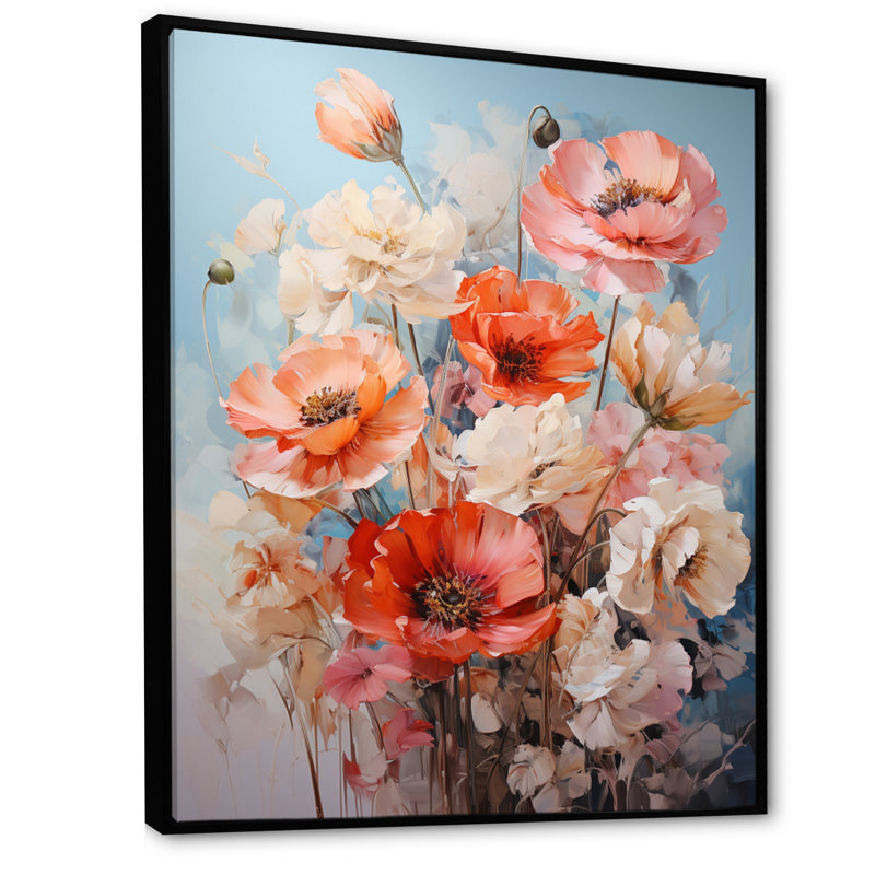 Coral Poppies Romantic Impression I - Floral & Botanical Canvas Prints, H 32 po x l 16 po x P 1 po, Cadre flottant noir